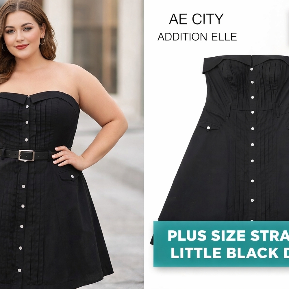 AE City Addition Elle Black Strapless Fit & Flare Dress Size 18 Pintuck Lined